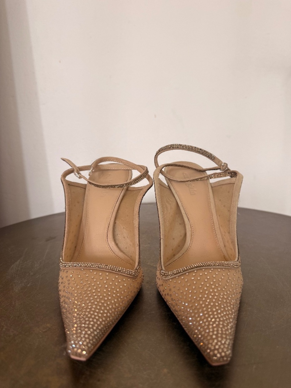 Cult Gaia Diya Crystal Mesh Pointed Toe Heels Sand Dollar Nude Size 38.5